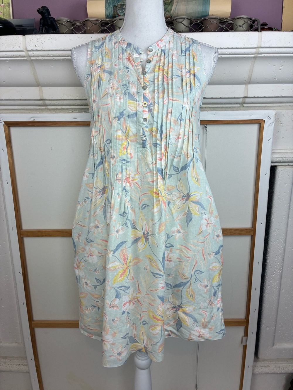 Faherty Lineny Mint Sleeveless Floral Pintuck Sundress Size 4-6